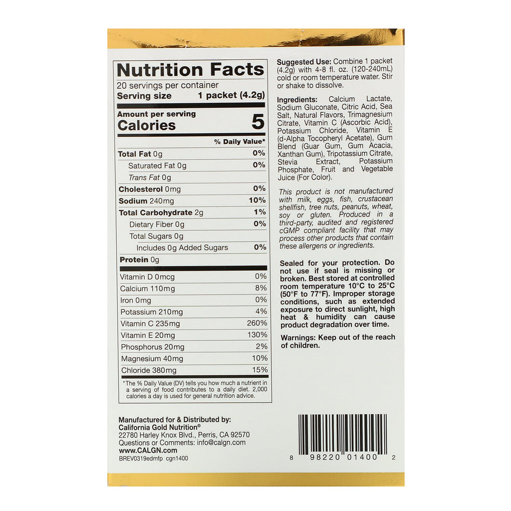 California Gold Nutrition, HydrationUP, Electrolyte Drink Mix, Fruit Punch, 20 Packets, 0.15 oz (4.2 g) Each
