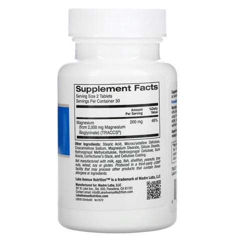 Lake Avenue Nutrition, Magnesium Bisglycinat Chelate, 200 mg, 60 tabletter