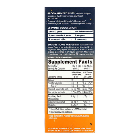 Zarbee's, hostesirup til børn om natten, mørk honning, til børn 2 år+, naturlig druesmag, 4 fl oz (118 ml)