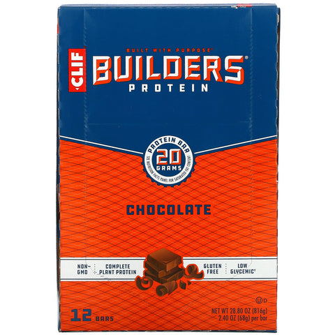 Clif Bar, barra de proteína para constructores, chocolate, 12 barras, 2,40 oz (68 g) cada una