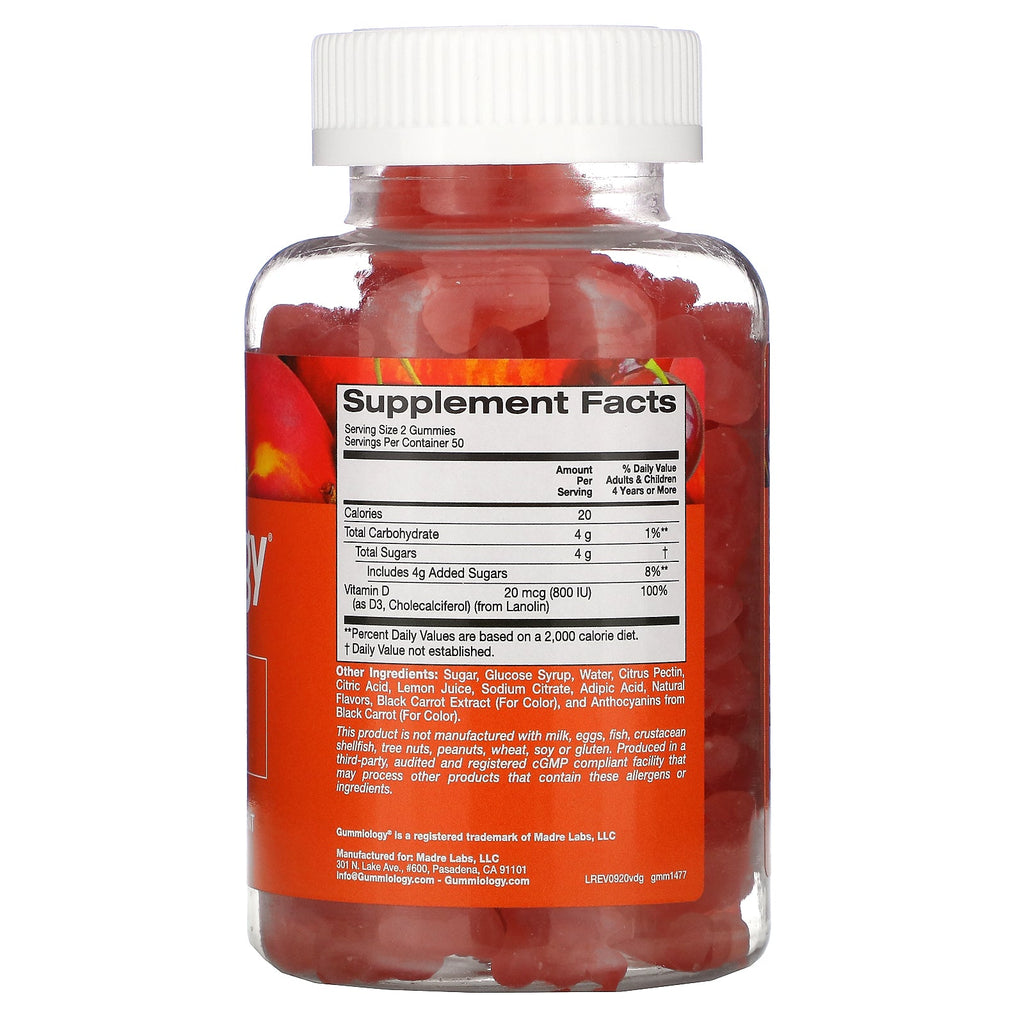 Gummiologi, Voksen Gummies, Vitamin D3 Gummies, Ingen Gelatine, Fersken &amp; Surkirsebær Smag, 100 Vegetar Gummies