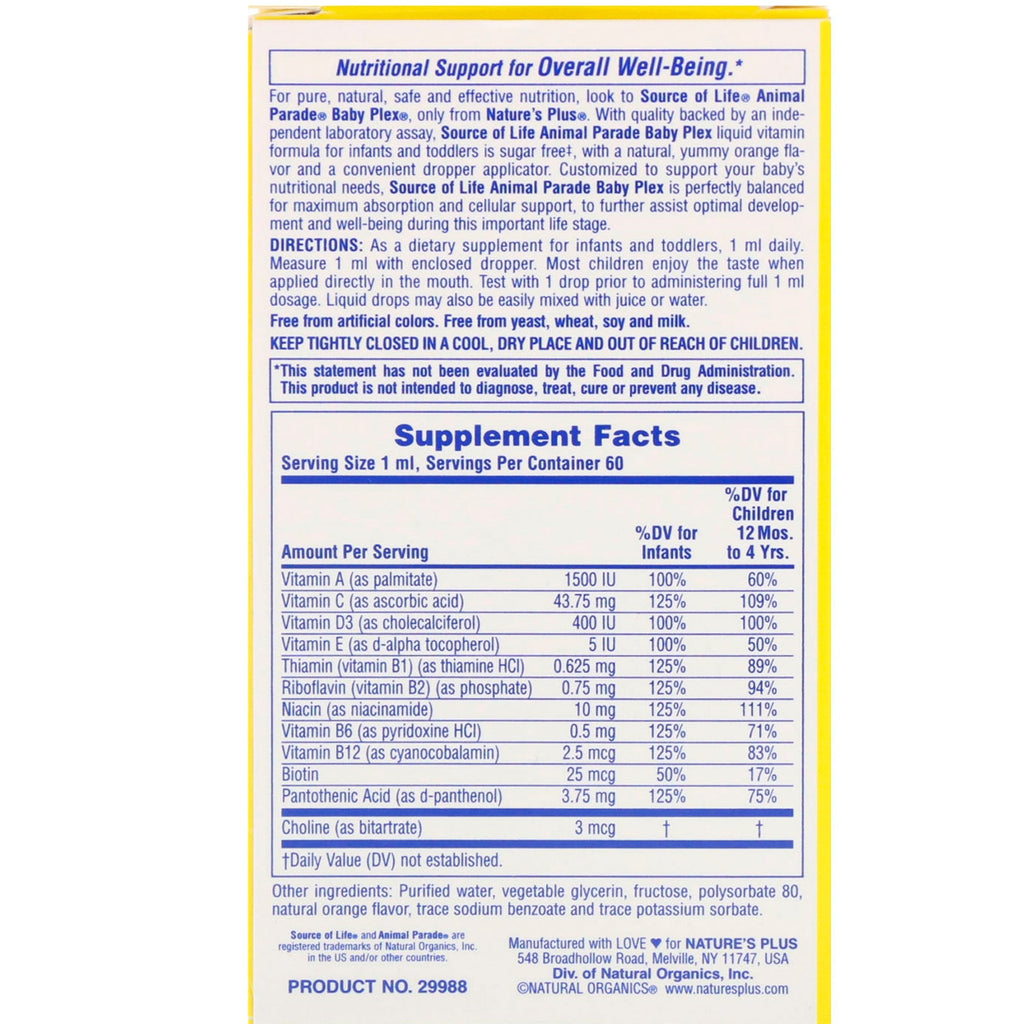 Nature's Plus, Source of Life, Animal Parade, Baby Plex, sukkerfri multivitamin flydende dråber, naturlig appelsinsmag, 2 fl oz (60 ml)