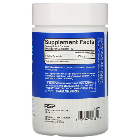 RSP Nutrition, Tribulus Terrestris, Testosteronstøtte, 800 mg, 120 kapsler