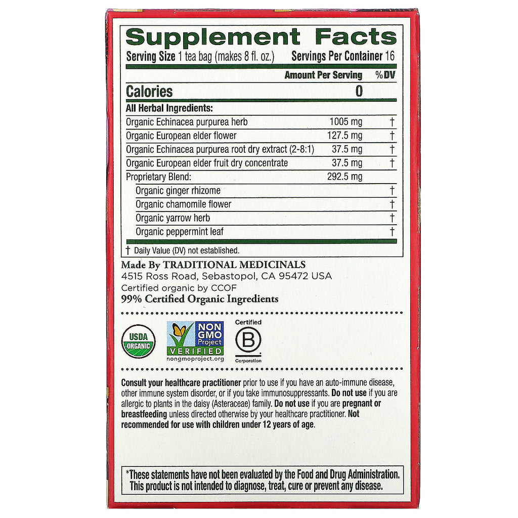 Traditionelle lægemidler, Echinacea Plus, hyldebær, koffeinfri, 16 indpakkede teposer, 0,85 oz (24 g)