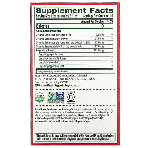 Traditionelle lægemidler, Echinacea Plus, hyldebær, koffeinfri, 16 indpakkede teposer, 0,85 oz (24 g)