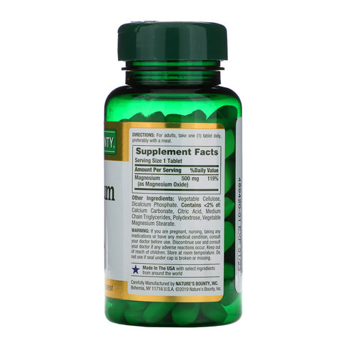 Nature's Bounty, Magnesium, 500 mg, 100 overtrukne tabletter