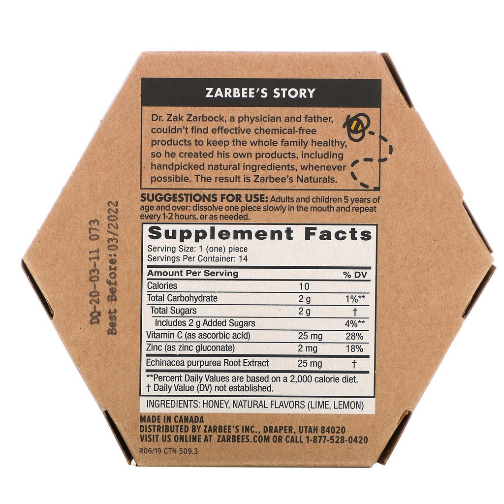 Zarbee's, 96% honninghostesudder + immunstøtte, naturlig citrussmag, 14 stk.