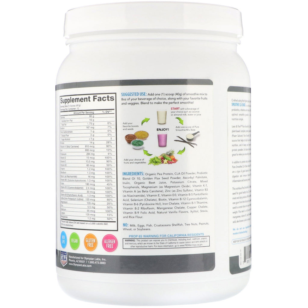 Lean &amp; Pure, Pure Smoothie CLA Shake, naturligt aromatiseret, 16,9 oz (480 g)