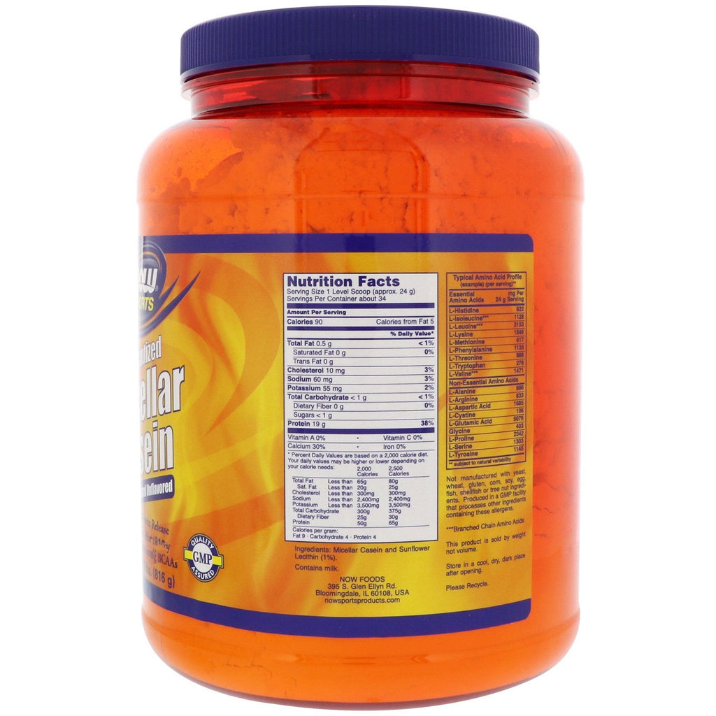 Nu fødevarer, sport, micellært kasein, instantiseret, naturligt uden smag, 1,8 lbs (816 g)