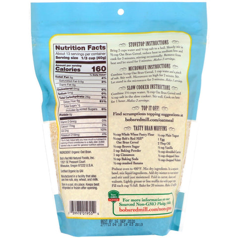 Bob's Red Mill, Cereal picante de salvado de avena con alto contenido de fibra, 510 g (18 oz)
