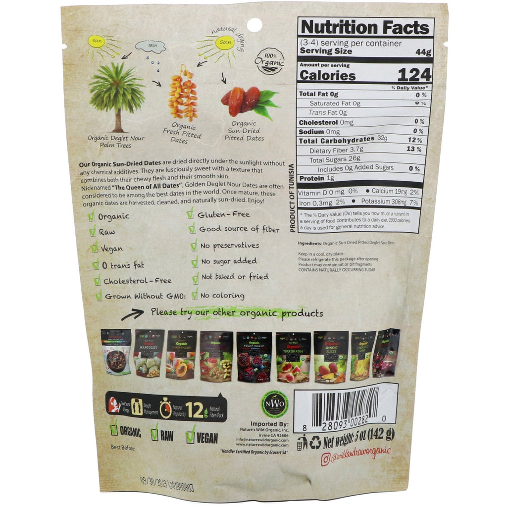 Nature's Wild , Wild &amp; Raw, soltørrede, Deglet Noor-udstenede dadler, 5 oz (142 g)
