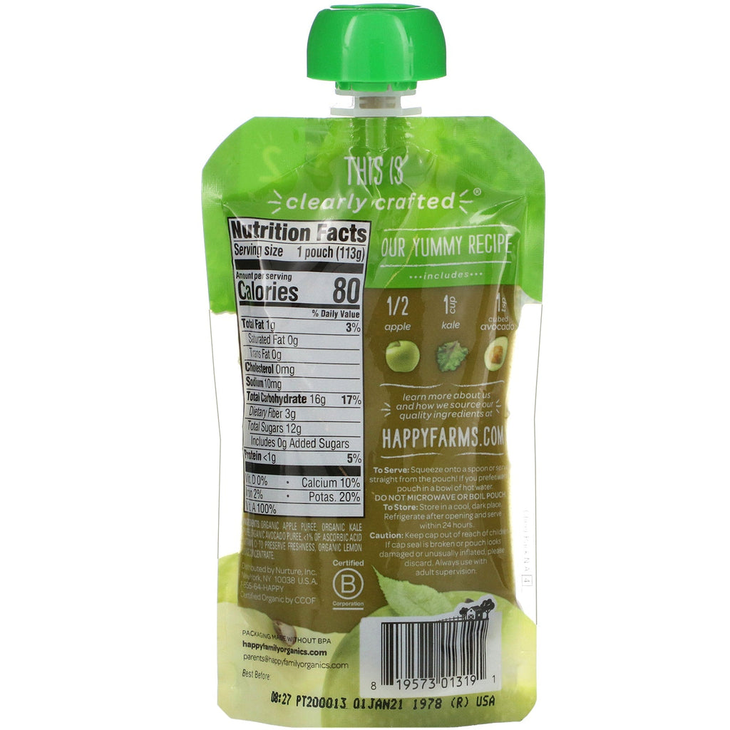 Happy Family s,  Baby Food, Stage 2, 6+ Months, Apples, Kale & Avocados, 4 oz (113 g)