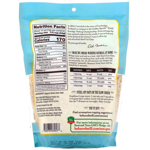 Bob's Red Mill, Avena cortada en acero, grano integral, 24 oz (680 g)
