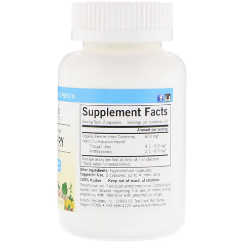 Eclectic Institute, Raw Fresh Frysetørret, Tranebær, 300 mg, 120 Ikke-GMO-grøntsagshætter