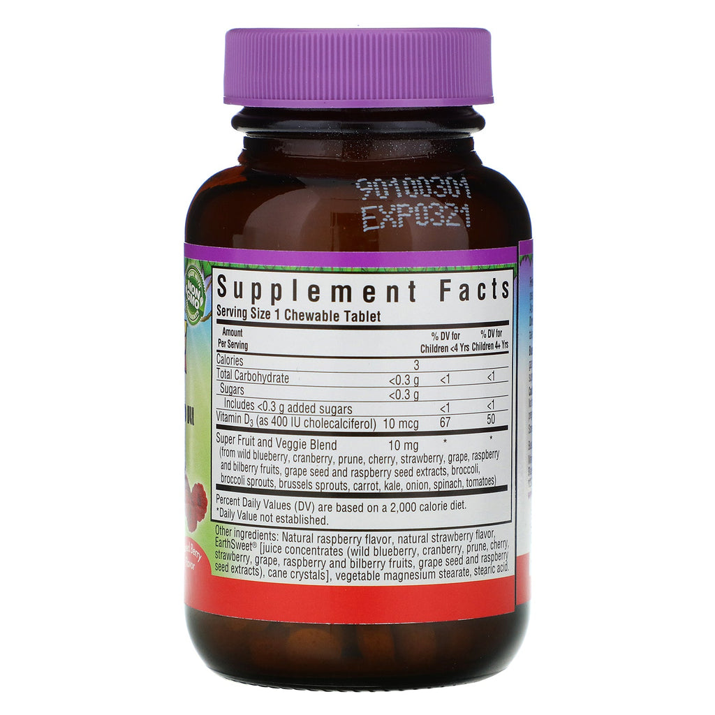 Bluebonnet Nutrition, Rainforest Animalz, vitamina D3, sabor natural a bayas mixtas, 400 UI, 90 tabletas masticables