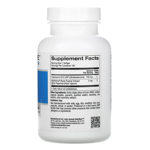 Lake Avenue Nutrition, CoQ10 USP med Bioperine, 100 mg, 150 Softgels