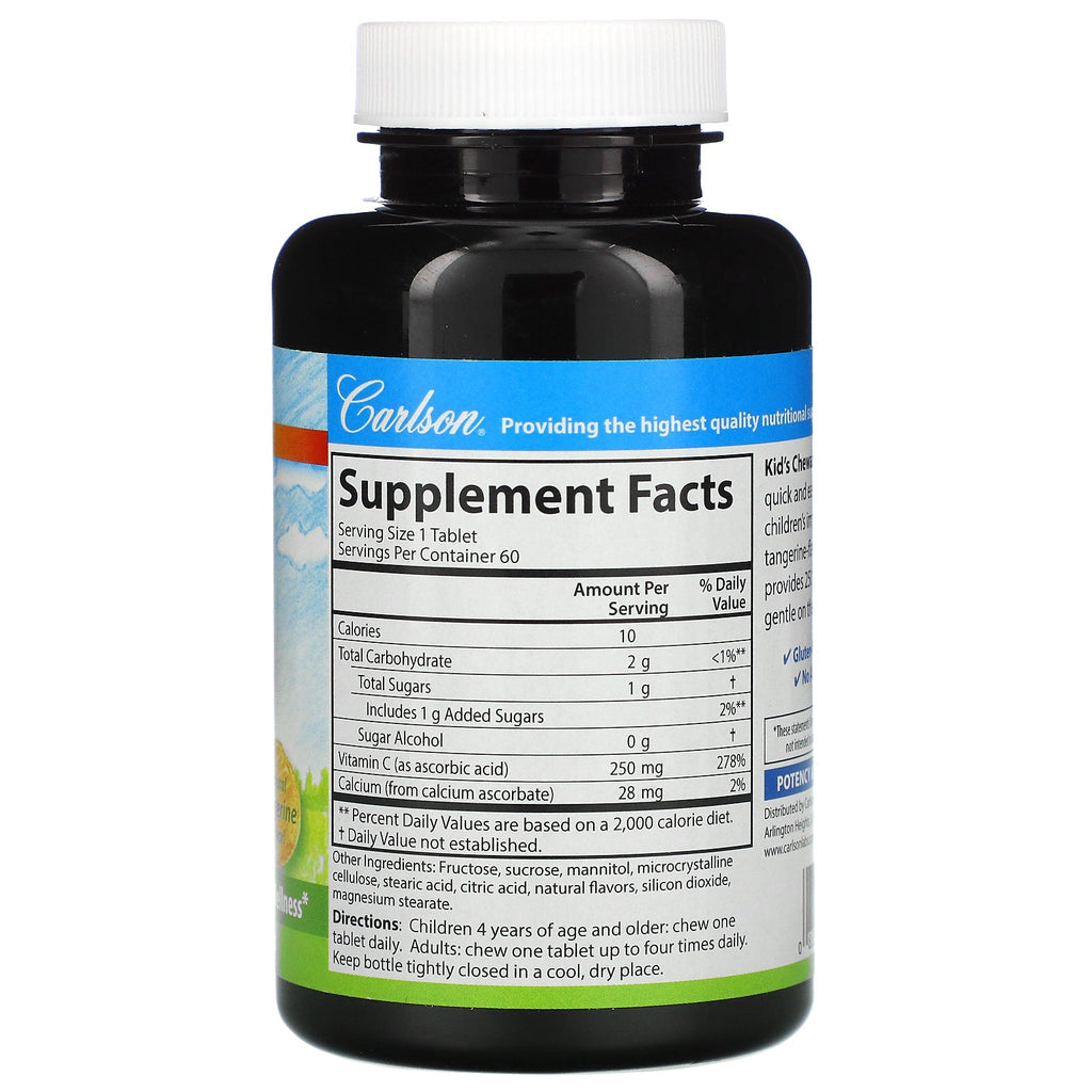 Carlson Labs, børn, tyggeligt C-vitamin, naturlig mandarin, 250 mg, 60 vegetariske tabletter
