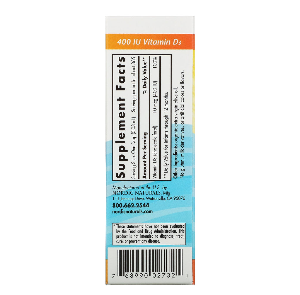 Nordic Naturals, Vitamina D3 para bebés, 400 UI, 11 ml (0,37 oz. líq.)