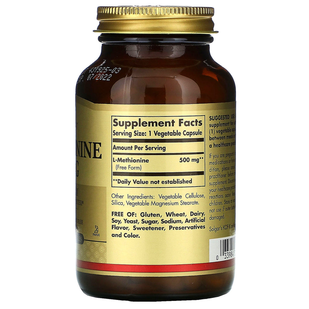 Solgar, L-Methionine, 500 mg, 90 Vegetable Capsules
