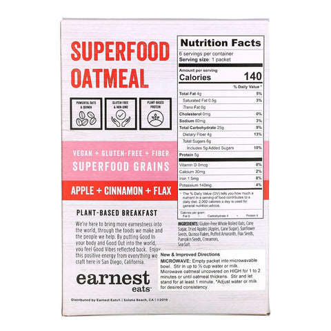 Earnest Eats, superalimento avena instantánea, manzana + canela + lino, 6 paquetes, 8,47 oz (240 g)