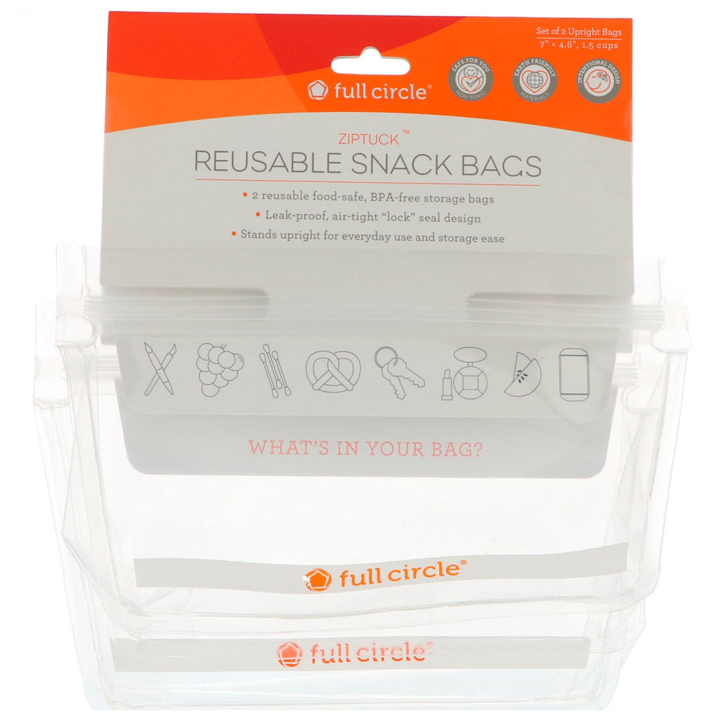 Full Circle, ZipTuck, genanvendelige snackposer, klare, 2 poser