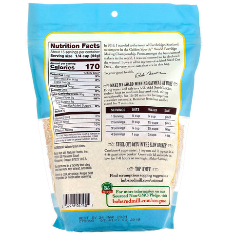 Bob's Red Mill, Avena cortada en acero, grano integral, 24 oz (680 g)