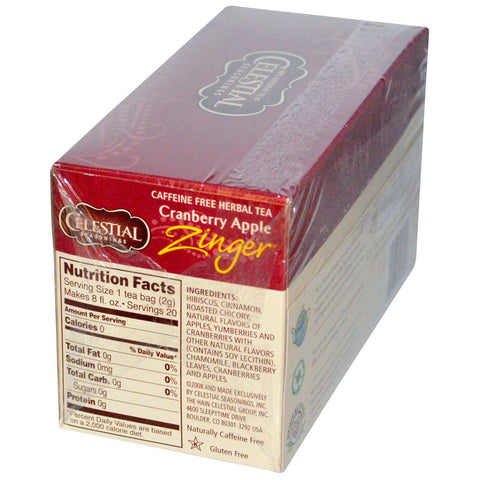 Himmelske krydderier, Urtete, Tranebær Æble Zinger, Koffeinfri, 20 teposer, 1,5 oz (42 g)