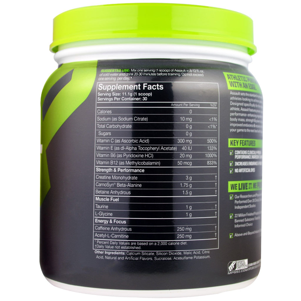 MusclePharm, Assault, Energy + Strength, Pre-Workout, Green Apple, 0,73 lbs (333 g)