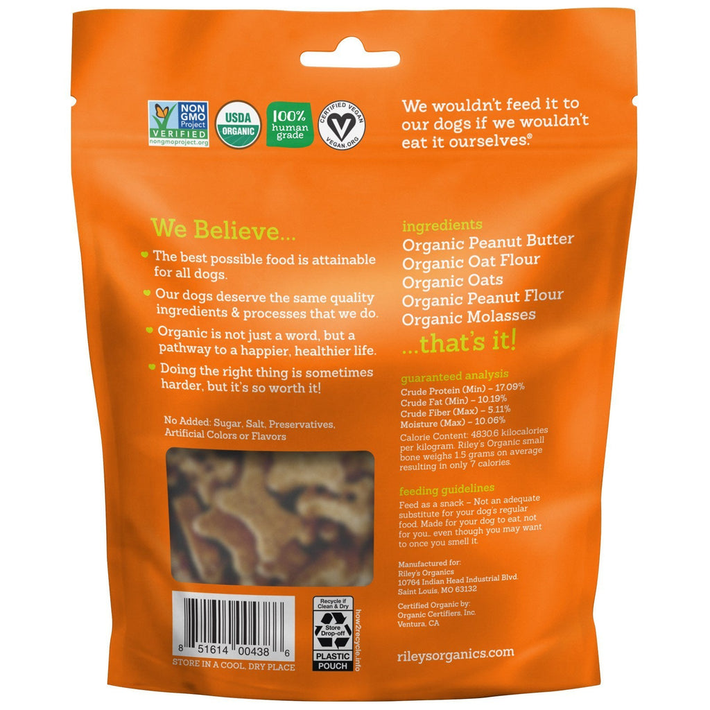 Rileys organiske opskrift, hundegodbidder, små knogler, jordnøddesmør og melasse, 5 oz (142 g)