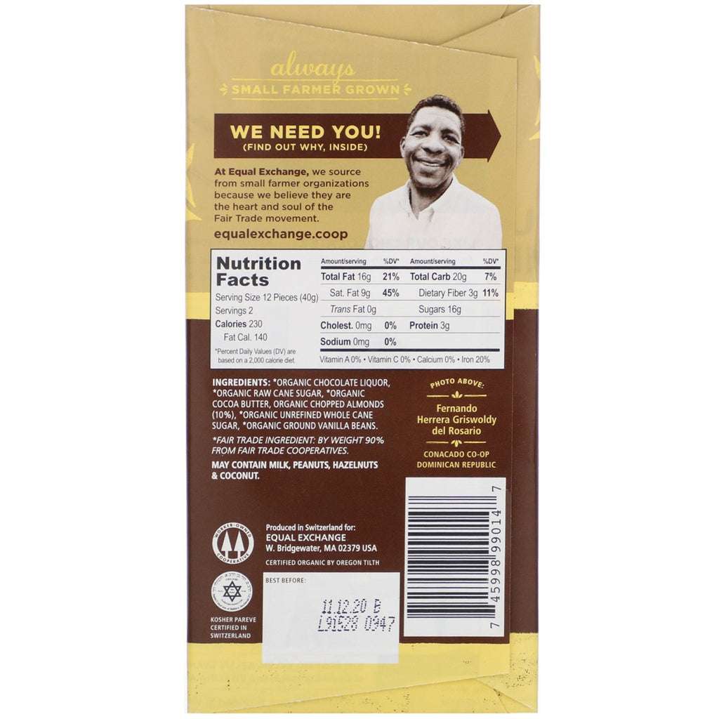 Equal Exchange, mørk chokolade, mandelristede stykker 2,8 oz (80 g)
