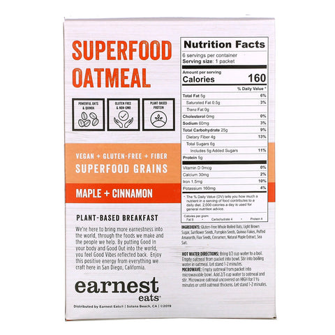 Earnest Eats, superalimento avena instantánea, arce y canela, 6 paquetes, 8,47 oz (240 g)