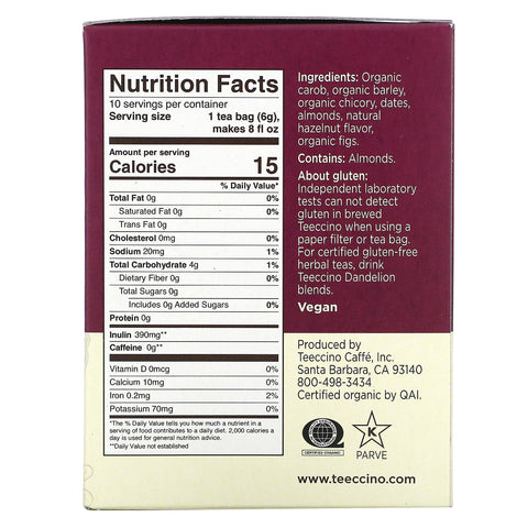 Teeccino, ristet urtete, hasselnød, koffeinfri, 10 teposer, 2,12 oz (60 g)