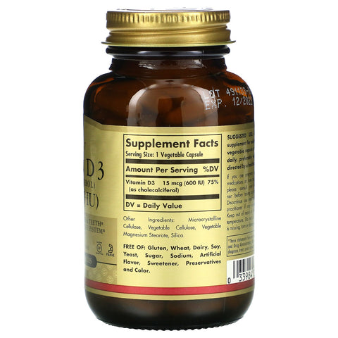 Solgar, Vitamin D3 (Cholecalciferol), 15 mcg (600 IU), 120 Vegetable Capsules