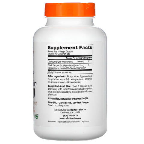 Doctor's Best CoQ10 med høj absorption med BioPerine, 100 mg, 360 grøntsagskapsler