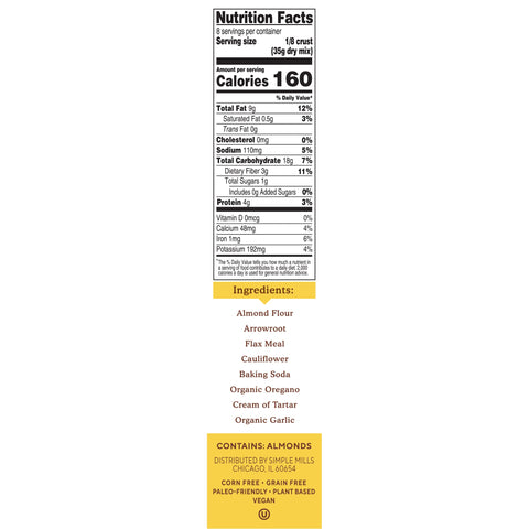 Simple Mills, Naturalmente sin gluten, mezcla de harina de almendras, masa para pizza, 9,8 oz (277 g)