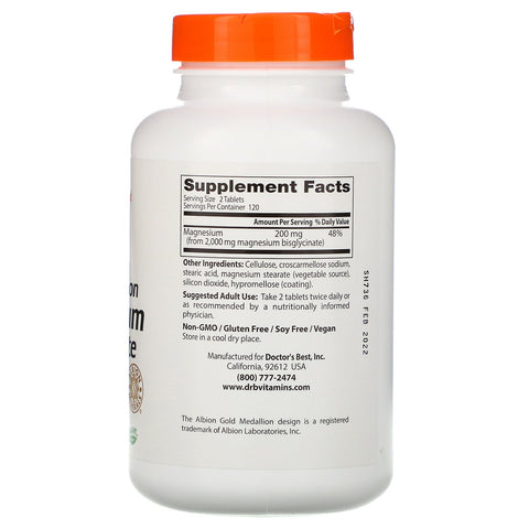 Doctor's Best, højabsorptionsmagnesiumbisglycinat, 100 mg, 240 tabletter