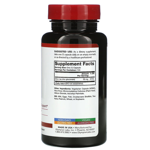 Olympian Labs, zink, 30 mg, 100 kapsler