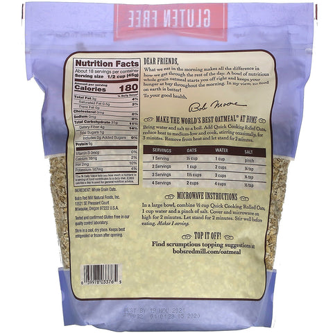 Bob's Red Mill, Copos de avena de cocción rápida, cereales integrales, sin gluten, 28 oz (794 g)