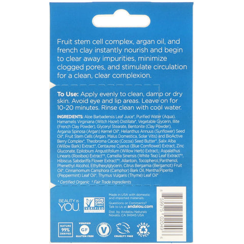 Andalou Naturals, Instant Clarity, Argan Oil & Blue Clay Beauty Face Mask, 0,28 oz (8 g)