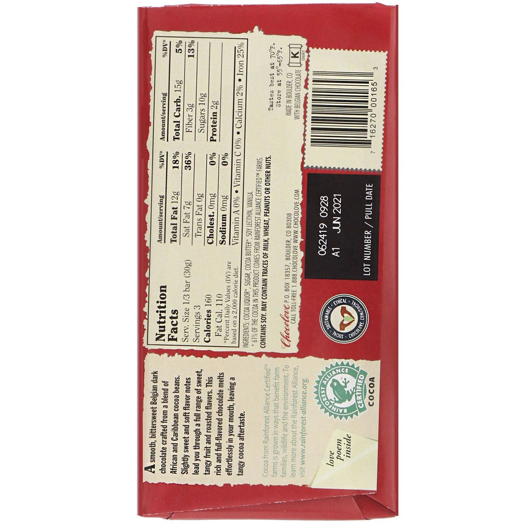 Chocolove, rig mørk chokolade, 65 % kakao, 3,2 oz (90 g)