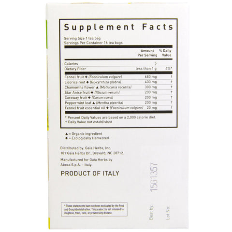 Gaia-urter, gas og oppustethed, koffeinfri, 16 teposer, 1,13 oz (32 g)