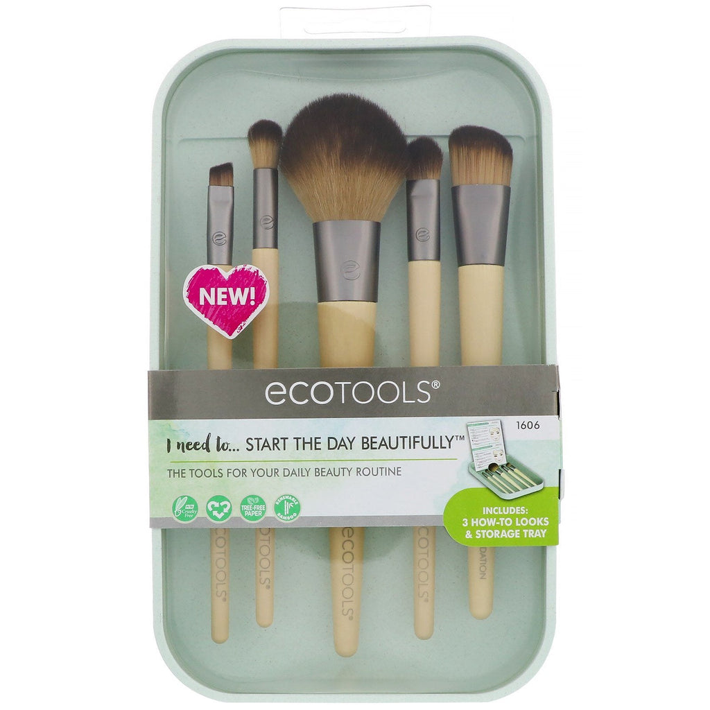 EcoTools, Start dagen smukt børstesæt, 5-delt sæt &amp; opbevaringsbakke