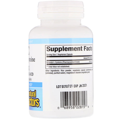 Naturlige faktorer, NAC N-Acetyl-L Cystein, 500 mg, 90 vegetariske kapsler