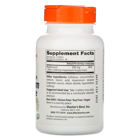 Doctor's Best, højabsorptionsmagnesiumbisglycinat, 100 mg, 120 tabletter