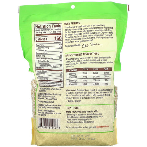 Bob's Red Mill, Cereal caliente cremoso de trigo sarraceno, grano integral, 18 oz (510 g)