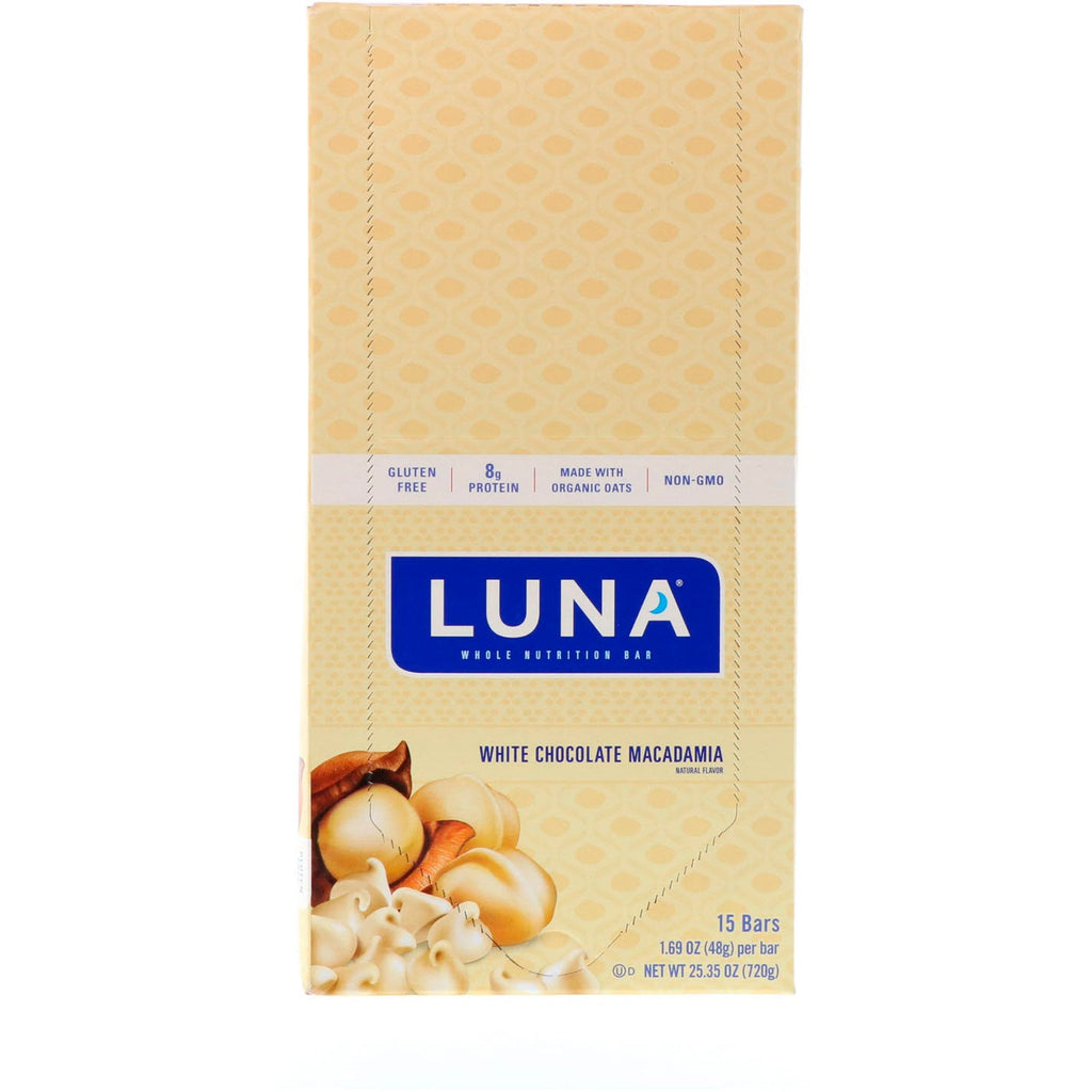 Clif Bar, Luna, barra nutricional integral para mujeres, macadamia con chocolate blanco, 15 barras, 48 ​​g (1,69 oz) cada una