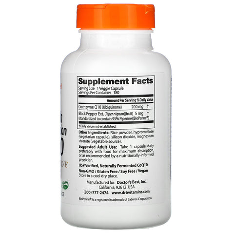 Doctor's Best CoQ10 med høj absorption med BioPerine, 200 mg, 180 grøntsagskapsler