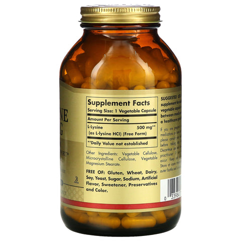 Solgar, L-lysin, fri form, 500 mg, 250 grøntsagskapsler