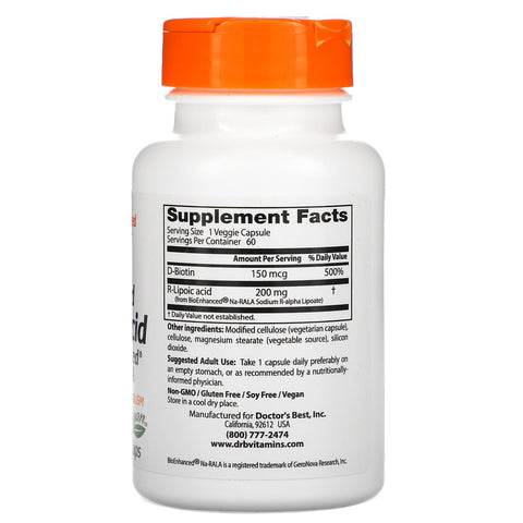 Doctor's Best, stabiliseret R-liponsyre med BioEnhanced Na-RALA, 200 mg, 60 Veggie Caps