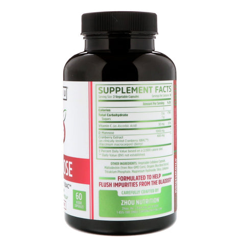 Zhou Nutrition, D-Mannose med Tranebær XBAC, 60 Veggie-kapsler